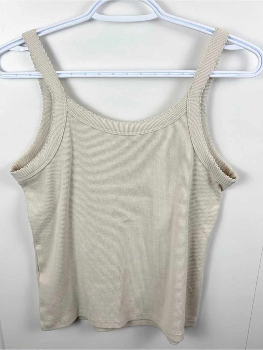 Old Navy 90s Ribbed Lace-Trim Tank Scoop Neck Wide Straps Ivory Women's L White - Picture 5 of 7